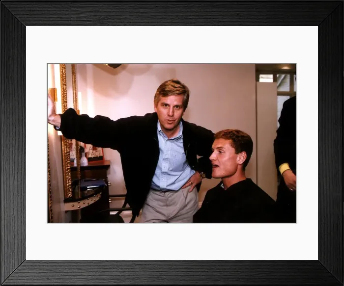 Framed Print : Steve Ryder TV presenter of Grandstand interviews Formula 1 driver David Coulthard Framed Print : Steve Ryder TV presenter of Grandstand interviews Formula 1 driver David Coulthard
