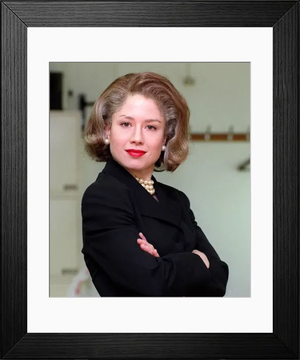 Framed Print : Katie Puckrik tv presenter as she might look in late middle age after make up artists Framed Print : Katie Puckrik tv presenter as she might look in late middle age after make up artists