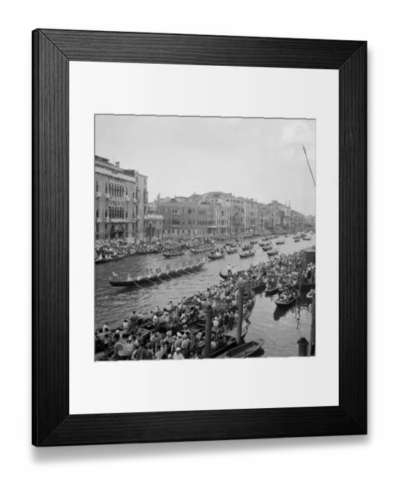 Framed Print : Boats and gondolas tied up as the procession of gondolas pass along the Grand Canal Framed Print : Boats and gondolas tied up as the procession of gondolas pass along the Grand Canal
