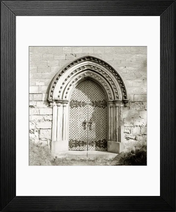 Framed Print : Norton Church Studded siege doors Norman Door Wall of building with Framed Print : Norton Church Studded siege doors Norman Door Wall of building with