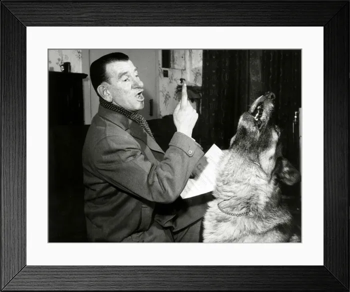 Framed Print : Singing Alsatian Dog Mac with his owner and manager John McQueen Framed Print : Singing Alsatian Dog Mac with his owner and manager John McQueen