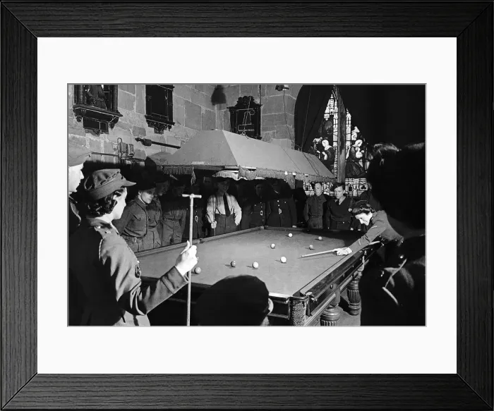 Framed Print : A game of snooker under a stained glass window in St Helens Church Worcester gives troops Framed Print : A game of snooker under a stained glass window in St Helens Church Worcester gives troops