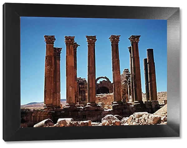 Columns of the temple of Artemis at ruins of Jerash north of the Amman Jordan Palestine