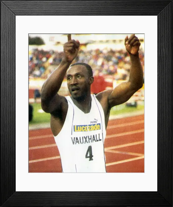 Framed Print : Linford Christie Athletics 100m Sprinter after beating Carl Lewis at Gateshead