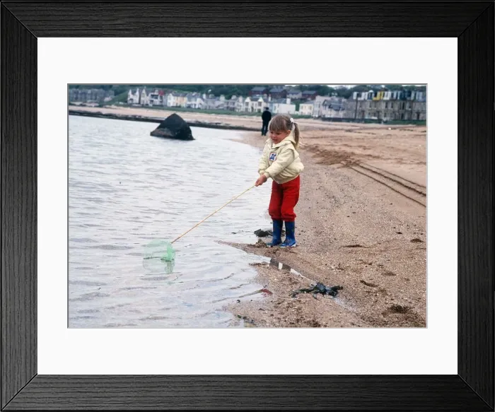 Framed Print : North Berwick beach 1987 girl fishing with net on stick Framed Print : North Berwick beach 1987 girl fishing with net on stick