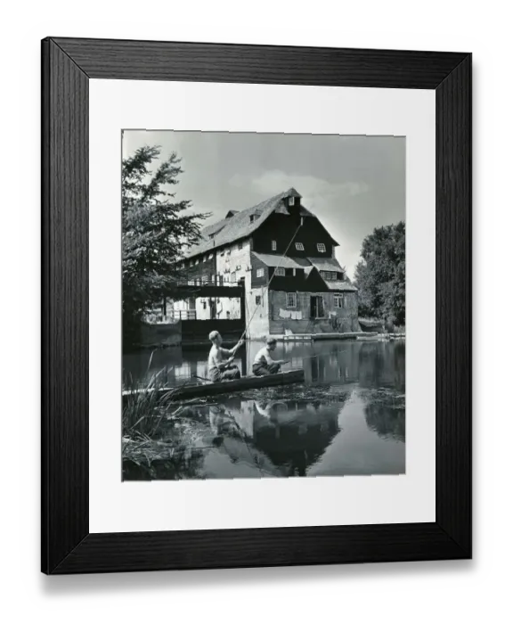 Framed Print : Youth Hostels Houghton Mill Young people fishing on the River Ouse Huntingdonshire