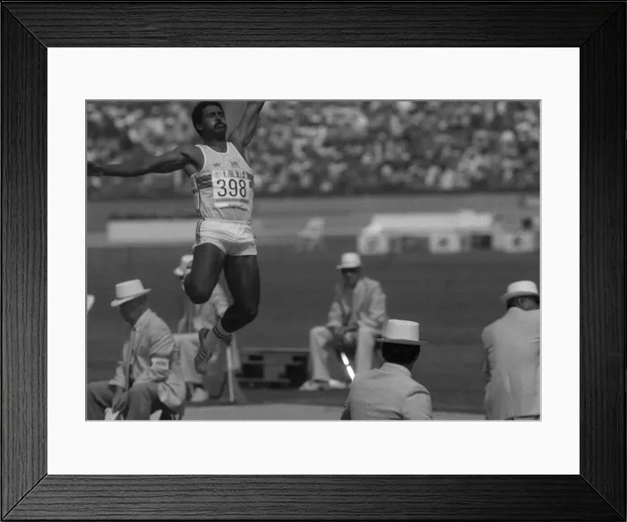 Framed Print : Daley Thompson during the Long Jump Event - 1984 Olympics, LA Framed Print : Daley Thompson during the Long Jump Event - 1984 Olympics, LA