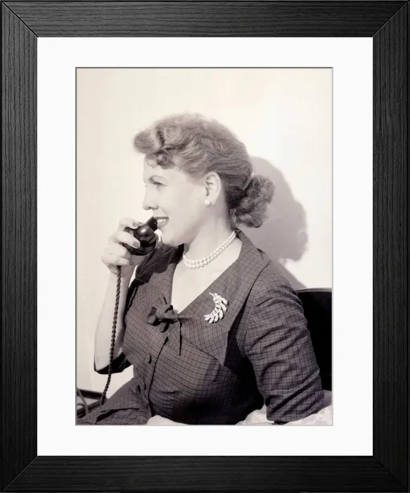 Framed Print : Actress Ethel Barrymore talking on the phone June 1955 Framed Print : Actress Ethel Barrymore talking on the phone June 1955