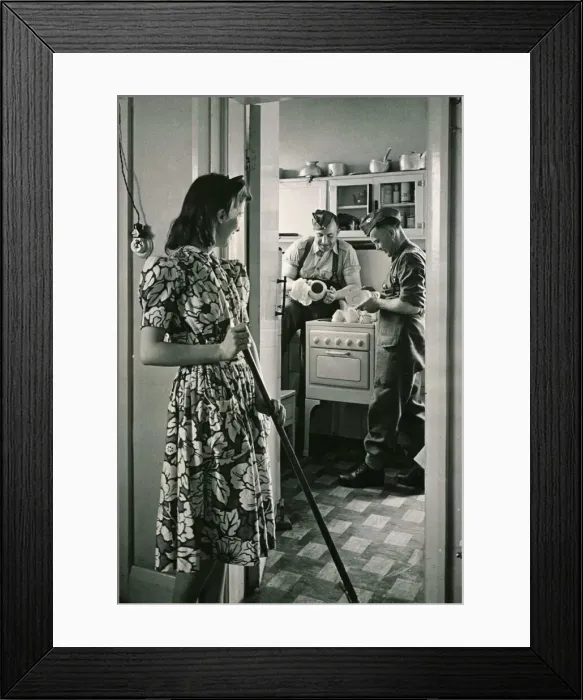 Framed Print : Canadian soldiers washing-up while english woman sweeps floor Framed Print : Canadian soldiers washing-up while english woman sweeps floor