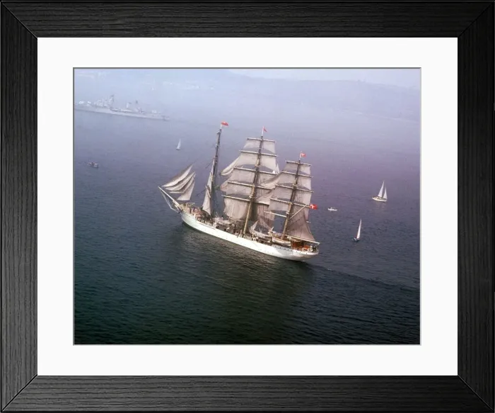 Framed Print : 1964 Plymouth to Lisbon Tall Ships Race. The 790 ton top sail schooner Danmark seen Framed Print : 1964 Plymouth to Lisbon Tall Ships Race. The 790 ton top sail schooner Danmark seen