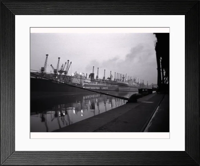 Framed Print : Ships unloading in the docks at Manchester seen through the mist May 1967 Framed Print : Ships unloading in the docks at Manchester seen through the mist May 1967