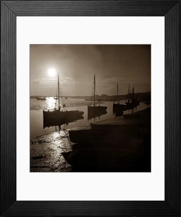 Framed Print : Cockling boats tied up on a river estuary in England circa 1950s Framed Print : Cockling boats tied up on a river estuary in England circa 1950s