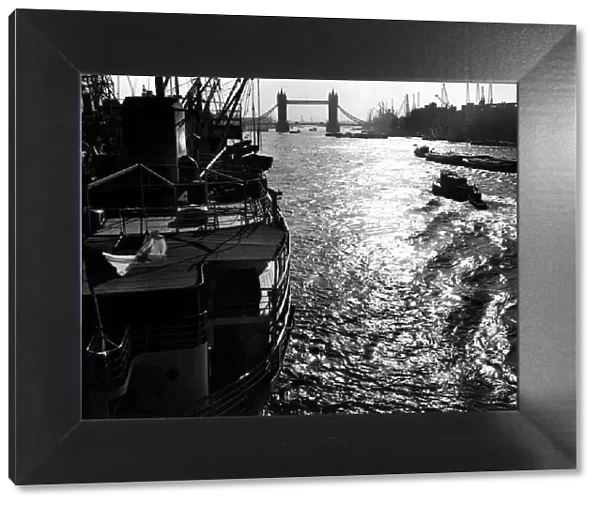 London Views Thames River April 1955 - Pool of London with Tower Bridge in the background