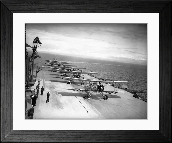 Framed Print : Squadron of Fairey Swordfish planes on board HMS Ark Royal prepare to launch from