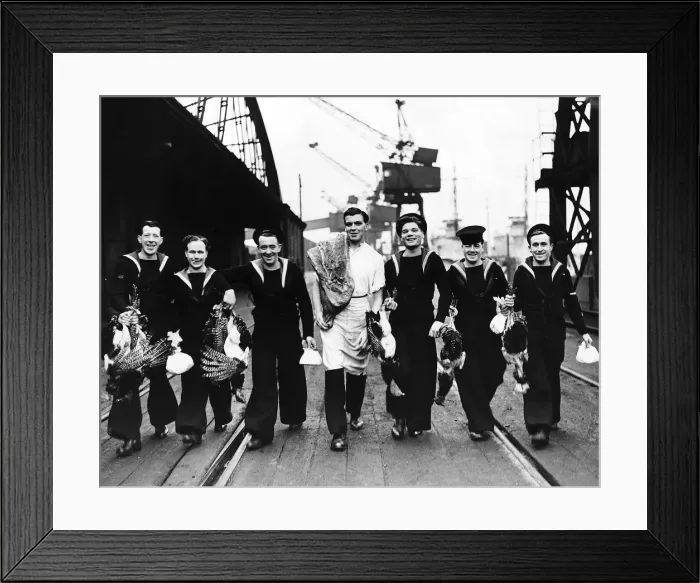 Framed Print : Sailors from minesweepers taking aboard Xmas fare at an East Coast dock Framed Print : Sailors from minesweepers taking aboard Xmas fare at an East Coast dock