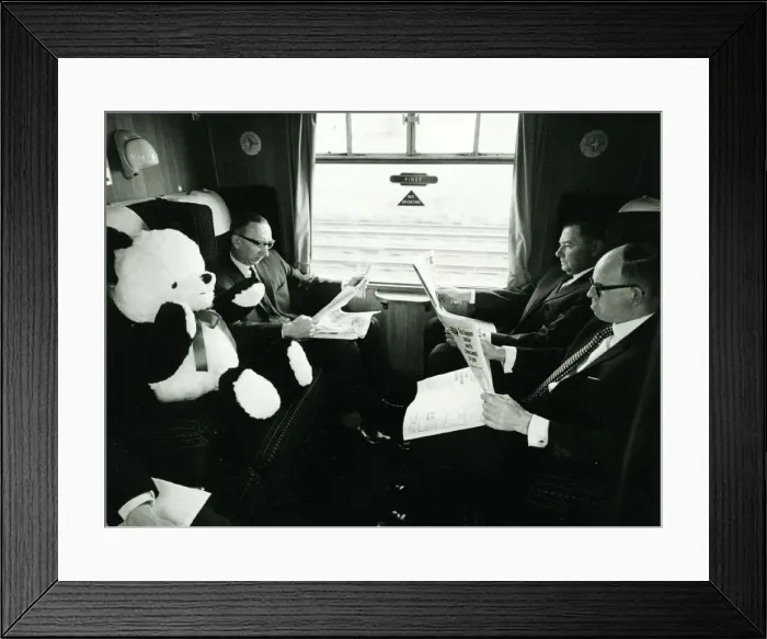 Framed Print : Peter the Panda travels First class on the train to Sheffield to meet Dick Emery