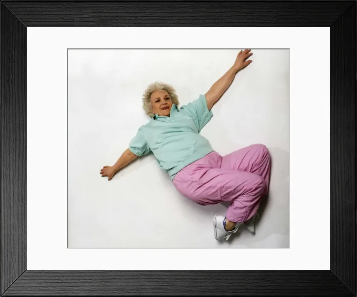 Framed Print : Jean Boht Actress Studio shot doing Keep Fit exercise