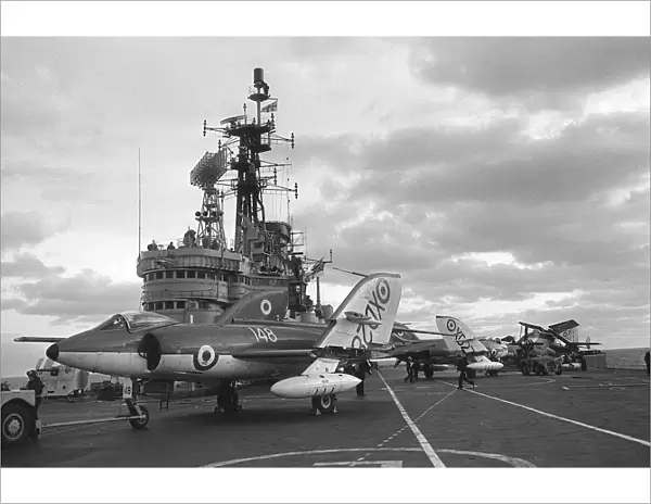Fleet Air Arm Supermarine Scimitar and Fairey Gannet aircraft on the flight deck of