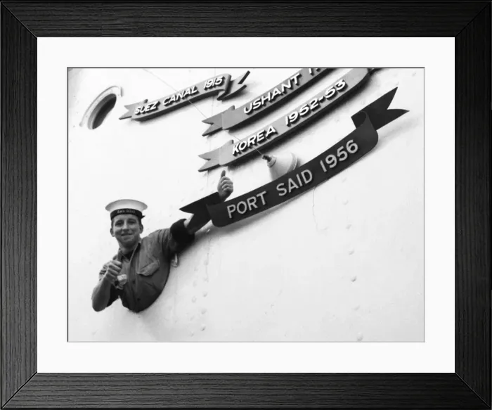 Framed Print : Suez Crisis 1956 Junior Seaman John Higgins, 17, of Oldham gives a thumbs up as Framed Print : Suez Crisis 1956 Junior Seaman John Higgins, 17, of Oldham gives a thumbs up as