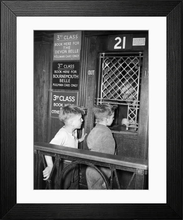 Framed Print : Two boys buying a ticket from the booking office at London Framed Print : Two boys buying a ticket from the booking office at London
