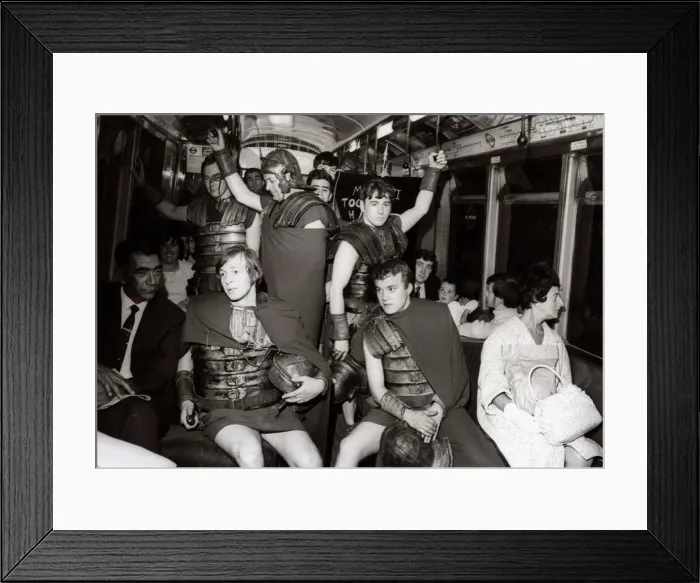 Framed Print : Men dressed as Roman Soldiers on the Tube Train July 1968