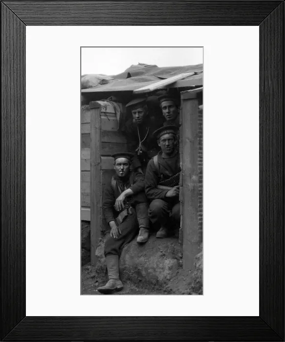 Framed Print : Members of the Naval Brigade seen here in their dugout in a trench near Antwerp