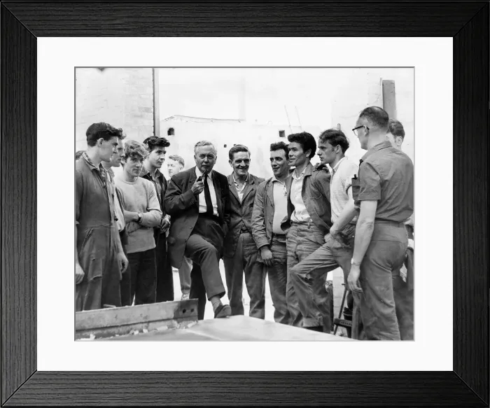 Framed Print : Harold Wilson MP talking with workers at the stock yard of unit construction as he opens Framed Print : Harold Wilson MP talking with workers at the stock yard of unit construction as he opens