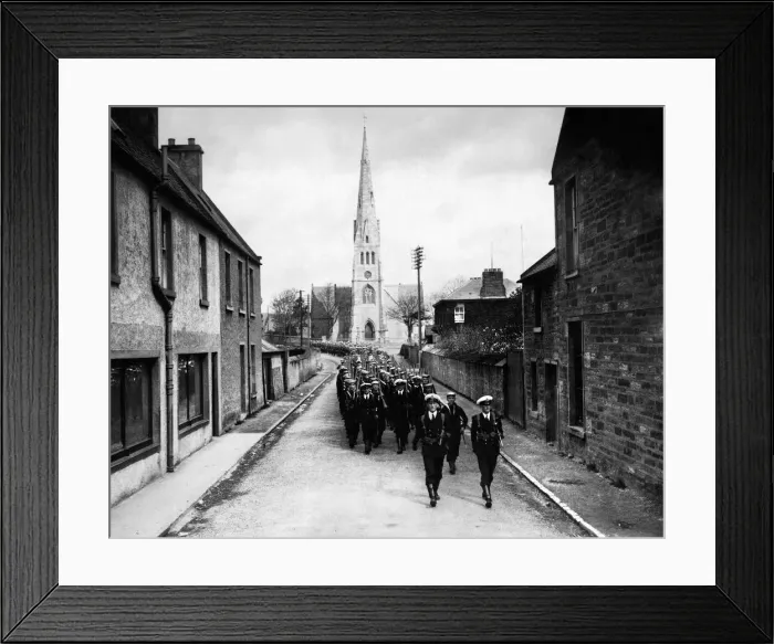 Framed Print : Two companys of men from HMS Rodney march through Invergordon Scotland after docking Framed Print : Two companys of men from HMS Rodney march through Invergordon Scotland after docking