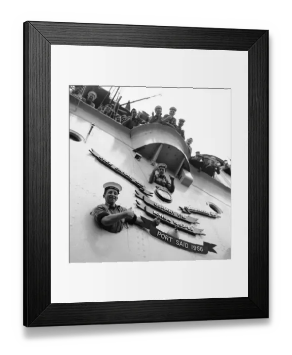 Framed Print : Suez Crisis 1956 The Aircraft Carrier HMS Ocean adds Port Said to the roll of