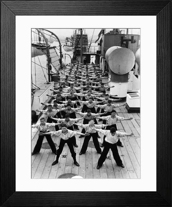 Framed Print : Sea Cadets run through an exercise routine on the deck of SS Warspite August 1938 Framed Print : Sea Cadets run through an exercise routine on the deck of SS Warspite August 1938