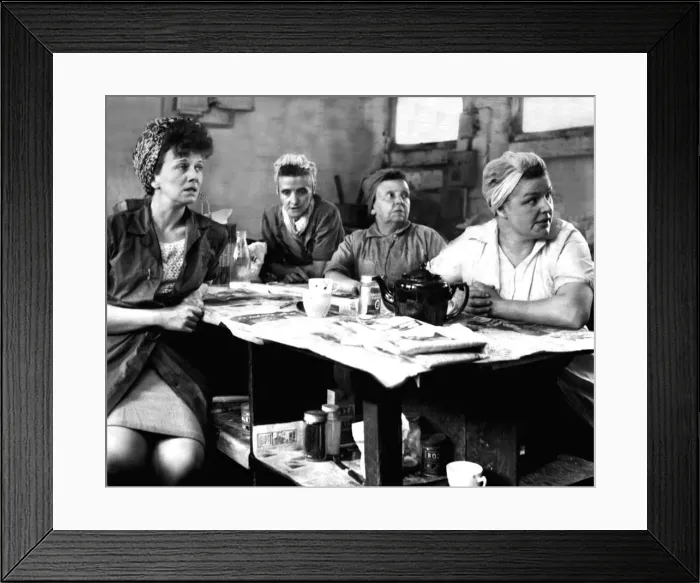Framed Print : Four buffer girls, wives of Yorkshire miners, are having a cup of tea at their Sheffield Framed Print : Four buffer girls, wives of Yorkshire miners, are having a cup of tea at their Sheffield