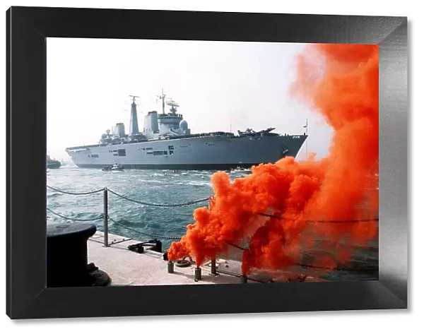 Smoke from flares welcomes HMS Invincible return to Portsmouth from the Falklands
