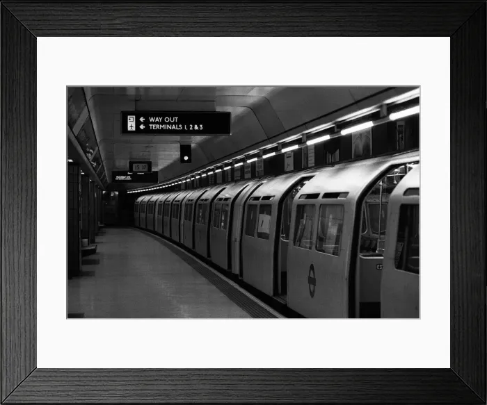 Framed Print : A train standing at the platform of Heathrow Airports terminal four tube station Framed Print : A train standing at the platform of Heathrow Airports terminal four tube station