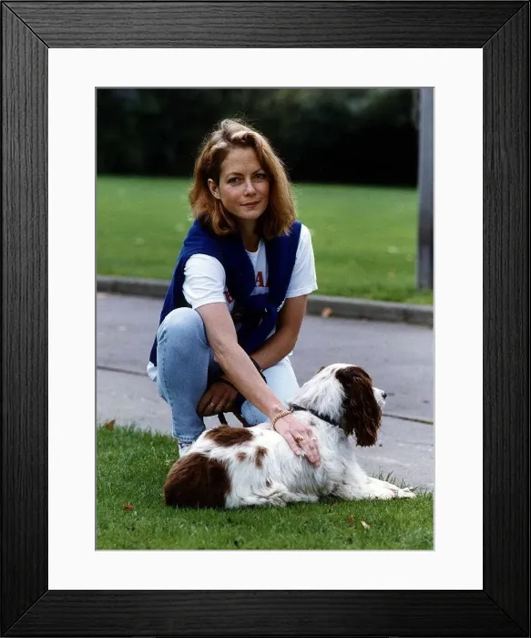 Framed Print : Jenny Seagrove actress with dog Tasha near Holland Park Framed Print : Jenny Seagrove actress with dog Tasha near Holland Park
