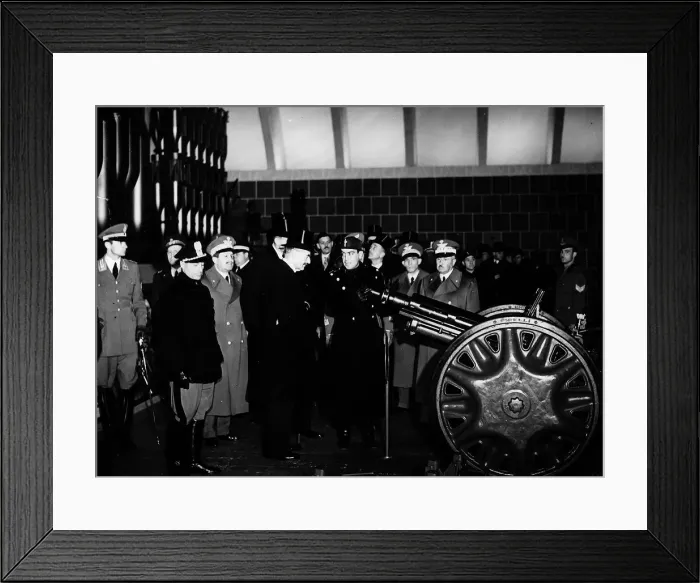 Framed Print : Prime Minsiter Neville Chamberlain visits a munitions factory in Italy Circa 1937