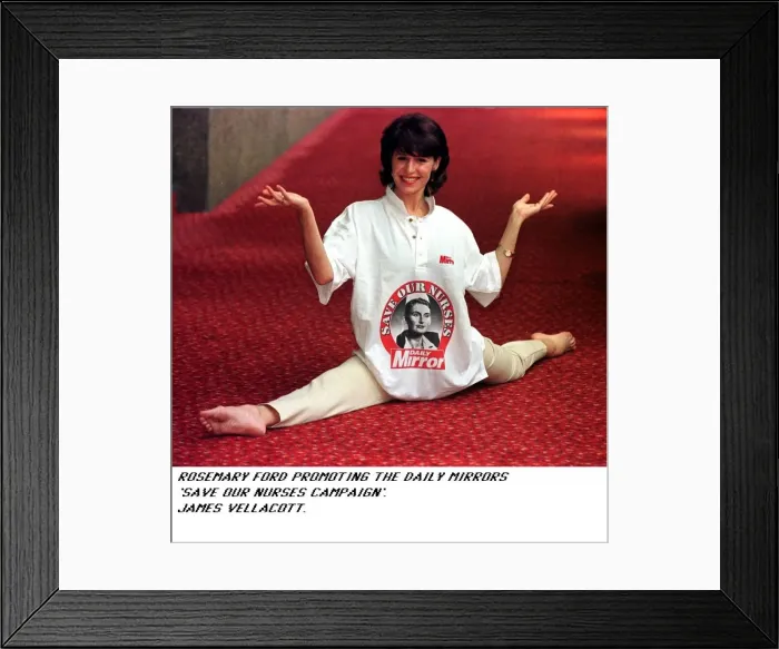 Framed Print : Rosemary Ford TV Presenter wears a t shirt to help support the Daily Mirror Save Our
