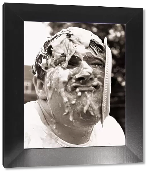 Stunts comedian Johnny Kay gets custard pie in face attemping the world record of 500