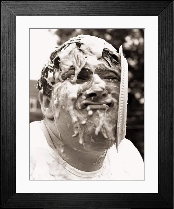 Framed Print : Stunts comedian Johnny Kay gets custard pie in face attemping the world record of 500 Framed Print : Stunts comedian Johnny Kay gets custard pie in face attemping the world record of 500