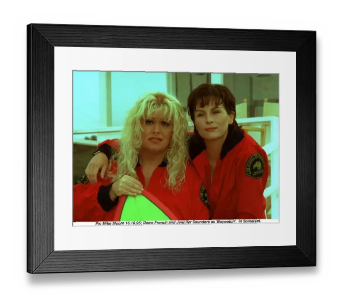 Framed Print : Dawn French and Jennifer Saunders on Baywatch set in Somerset filming for new television Framed Print : Dawn French and Jennifer Saunders on Baywatch set in Somerset filming for new television
