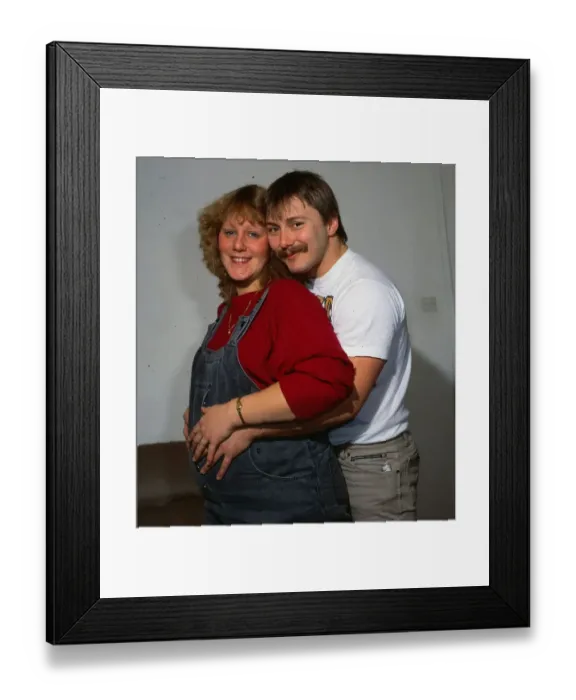 Framed Print : The Wedding television programme Mark cuddling pregnant Karen