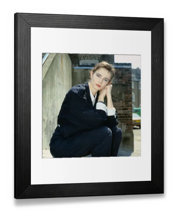 Framed Print : Annabel Giles model TV presenter wearing black jacket white shirt hands at face sitting Framed Print : Annabel Giles model TV presenter wearing black jacket white shirt hands at face sitting
