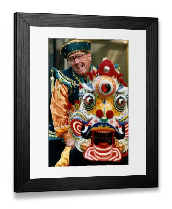 Framed Print : Andy Cameron comedian in traditional Chinese costume dragon mask star of The Adventures Framed Print : Andy Cameron comedian in traditional Chinese costume dragon mask star of The Adventures