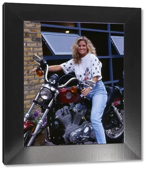 Andrea Boardman tv presenter December 1989 sitting on motorcycle