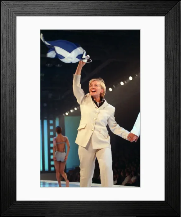 Framed Print : Kirsty young at the clothes show secc glasgow walking down catwalk waving saltire st Framed Print : Kirsty young at the clothes show secc glasgow walking down catwalk waving saltire st
