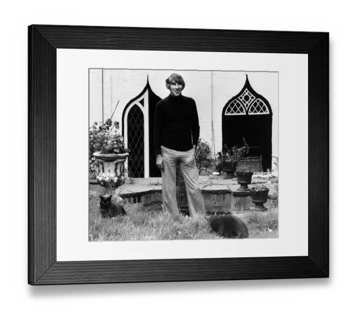 Framed Print : Peter Cook comedian actor outside house 1975 Framed Print : Peter Cook comedian actor outside house 1975