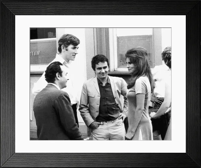 Framed Print : Peter Cook, Dudley Moore and Raquel Welch on location for film Bedazzeled