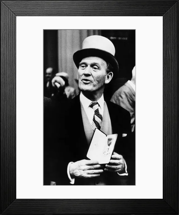 Framed Print : Gordon Jackson actor shows off his OBE medal 1979 Framed Print : Gordon Jackson actor shows off his OBE medal 1979