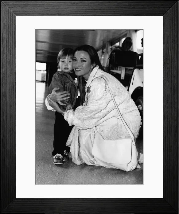 Framed Print : Jane Seymour actress with son Sean at heathrow