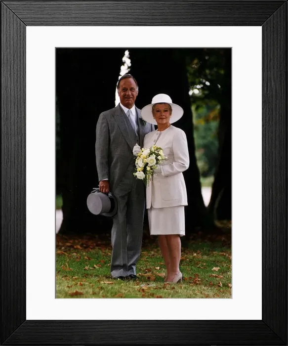 Framed Print : Geoffrey Palmer Actor poses with Judi Dench as guests at Lionels father Framed Print : Geoffrey Palmer Actor poses with Judi Dench as guests at Lionels father