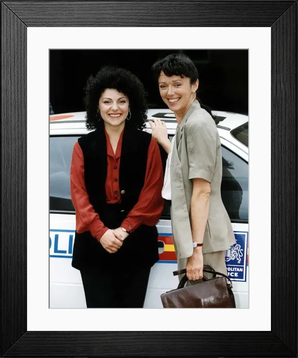 Framed Print : Kerry Peers with Fuzzy Hair and Mary Jo randle on the set of the Television series